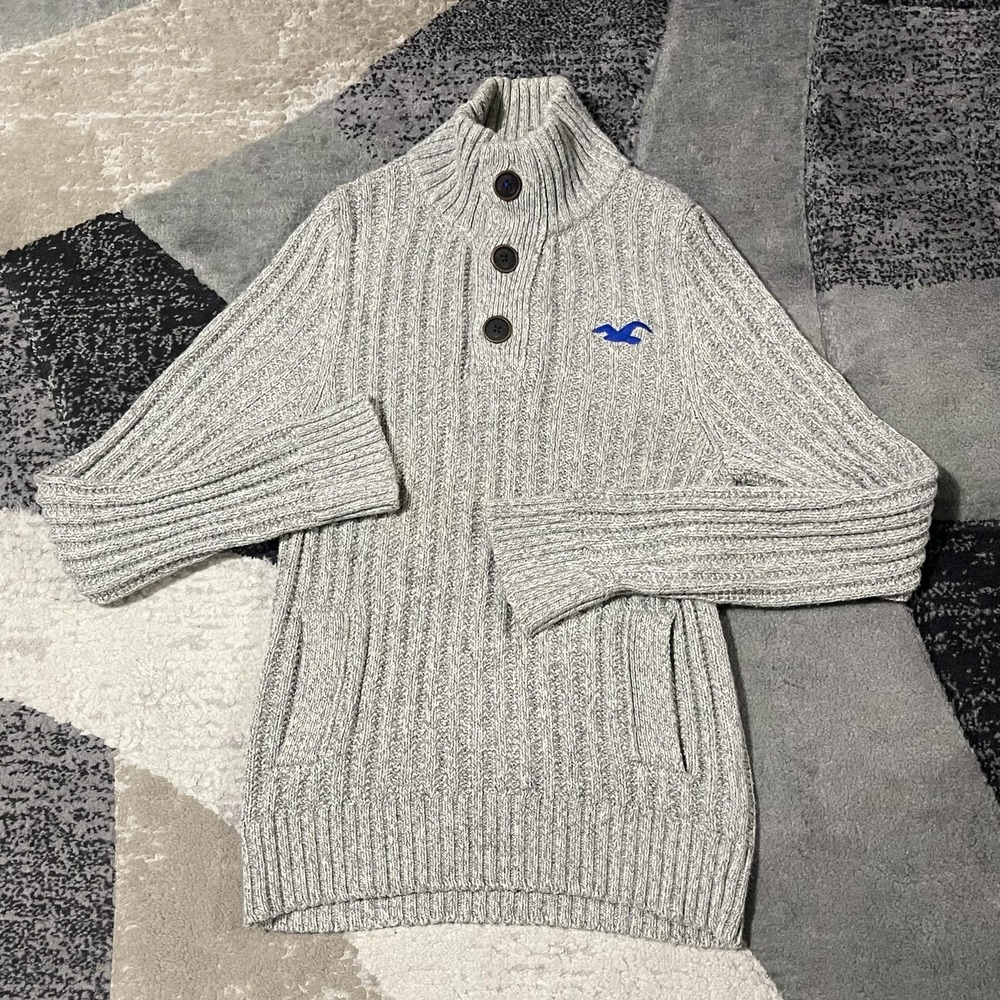 Hollister Sweater Men XL Gray Mock Neck Chunky Rib Knit Button Pullover Preppy‎